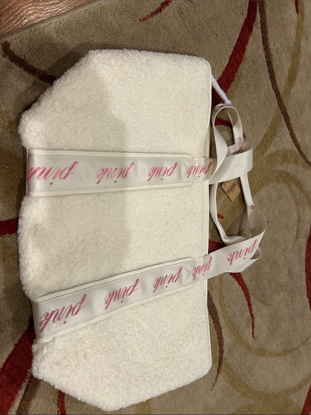 PINK Victoria's Secret Ivory Sherpa Tote with Pink Logo Straps